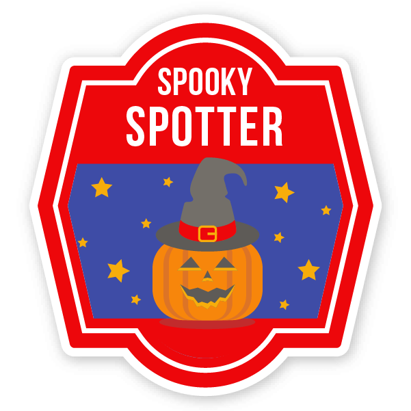 Red Halloween "Spooky Spotter" badge featuring a Jack-o-lantern with a witch hat