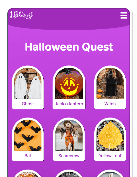 LilliQuest screen showing scavenger hunt of Halloween items such as pumpkins, ghosts, and bats