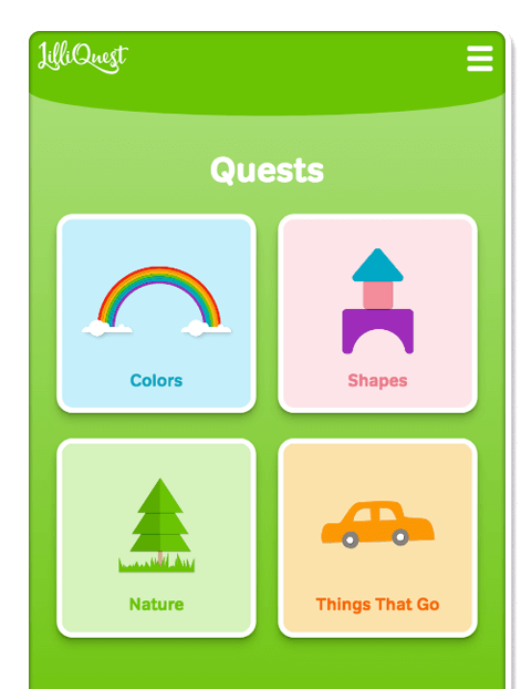 Screenshot of LilliQuest home screen featuring some of the quests such as Colors, Shapes, Nature, and Things that Go